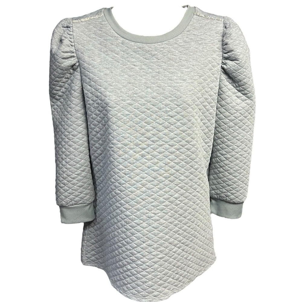 Retrology Pullover‎ Sweater Top S Grey Quilted Rhinestone Puff Sleeve Cozy Glam - Picture 2 of 8
